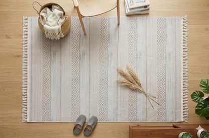 Washable Boho Area Rug – Distressed Diamond Tribal Pattern, Cream Gray Carpet