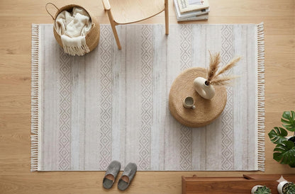 Washable Boho Area Rug – Distressed Diamond Tribal Pattern, Cream Gray Carpet