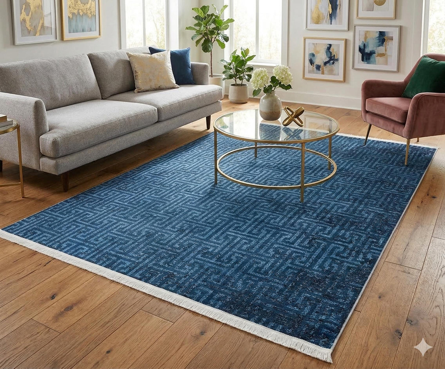 Navy Blue Greek Key Washable Area Rug, Distressed Indigo Geometric Carpet
