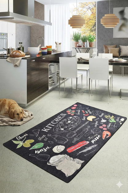 Washable Kitchen Rug, Pizza Herb Chalkboard Design, Modern Farmhouse Decor, Italian Food Mat