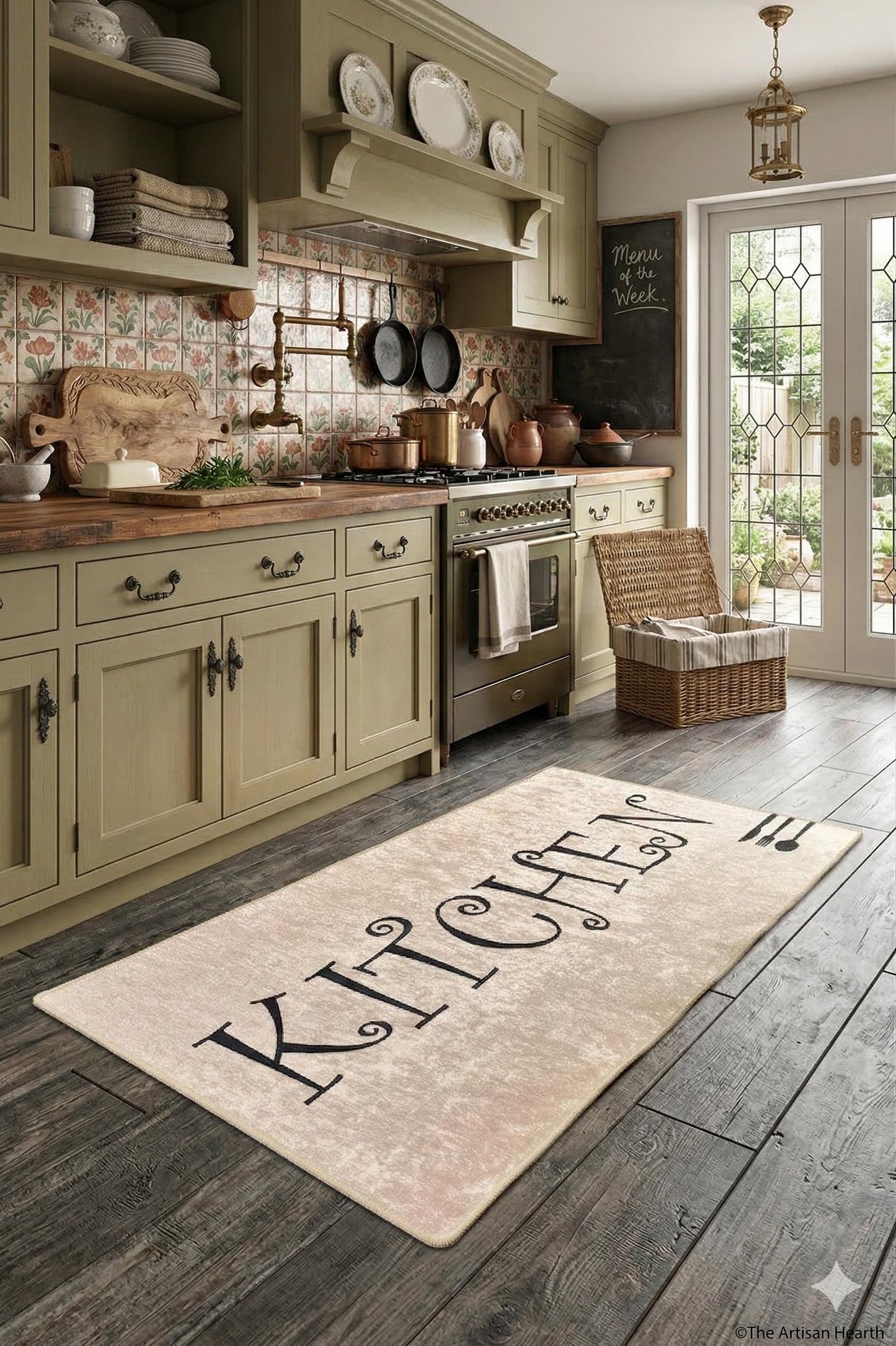 Large Kitchen Runner Mat, Decorative Calligraphy, Farmhouse Floor Rug