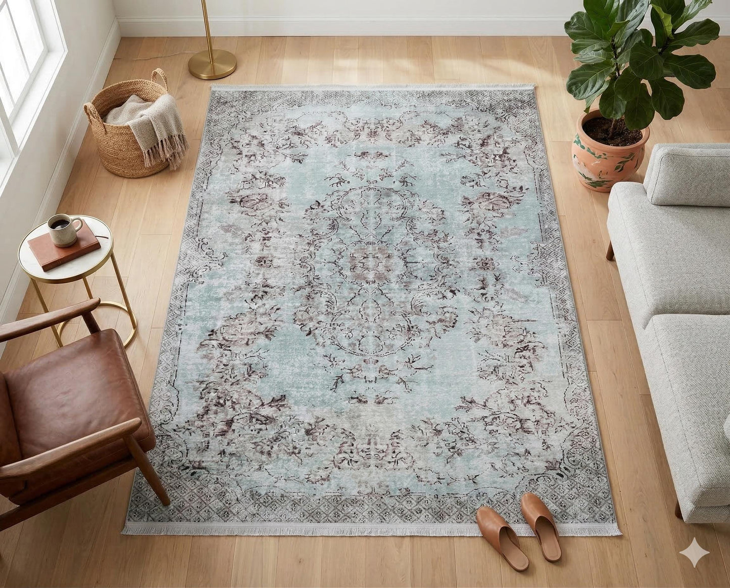 Distressed Oriental Area Rug, Blue Beige Living Room Carpet (Machine Washable)