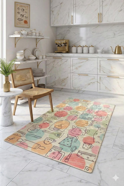 Pastel Kitchen Runner Rug, Hand-Drawn Baking and Coffee Pattern Floor Mat