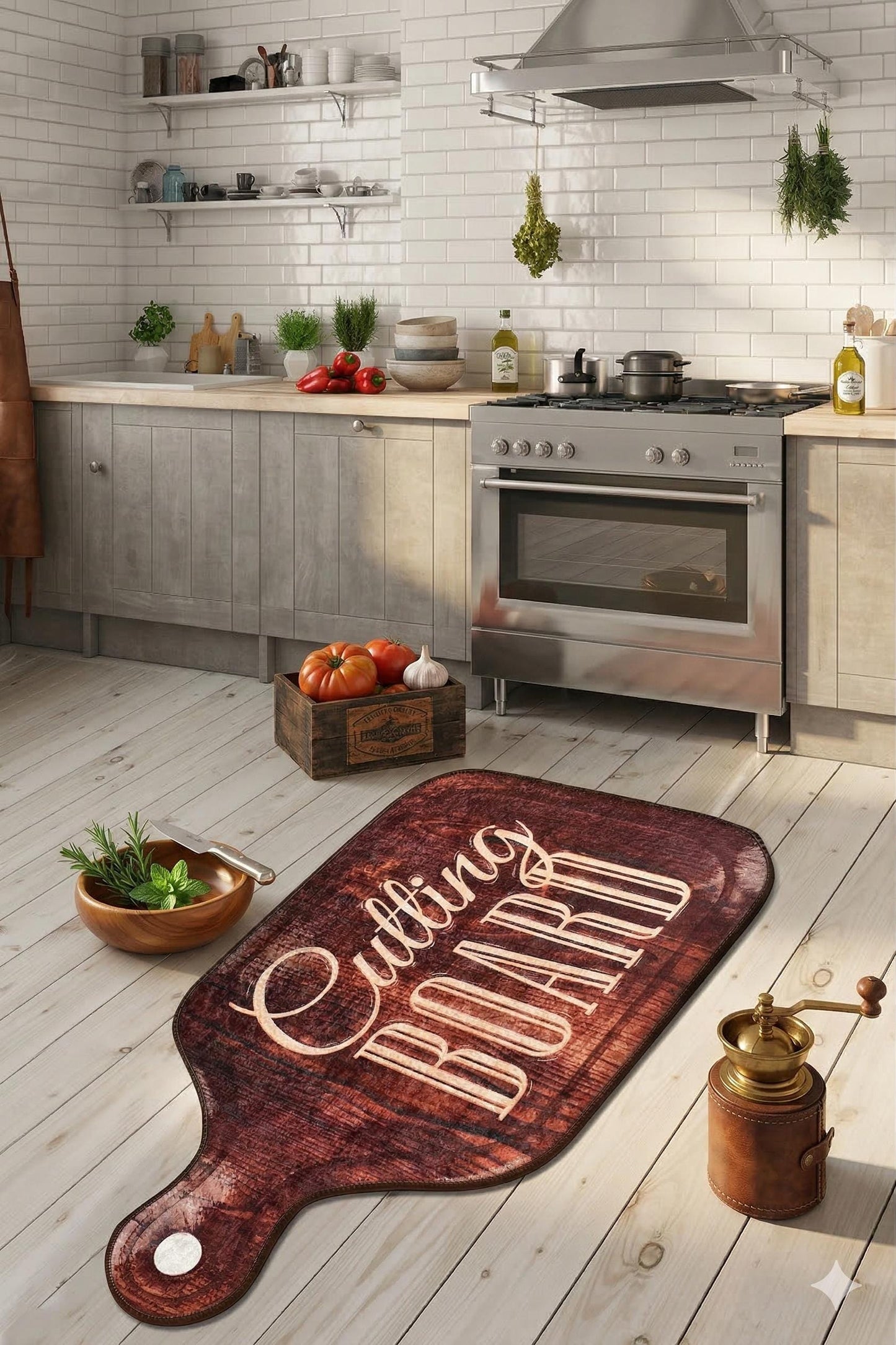 Oversized Cutting Board Kitchen Rug, Farmhouse Washable Runner, Rustic Chef Mat