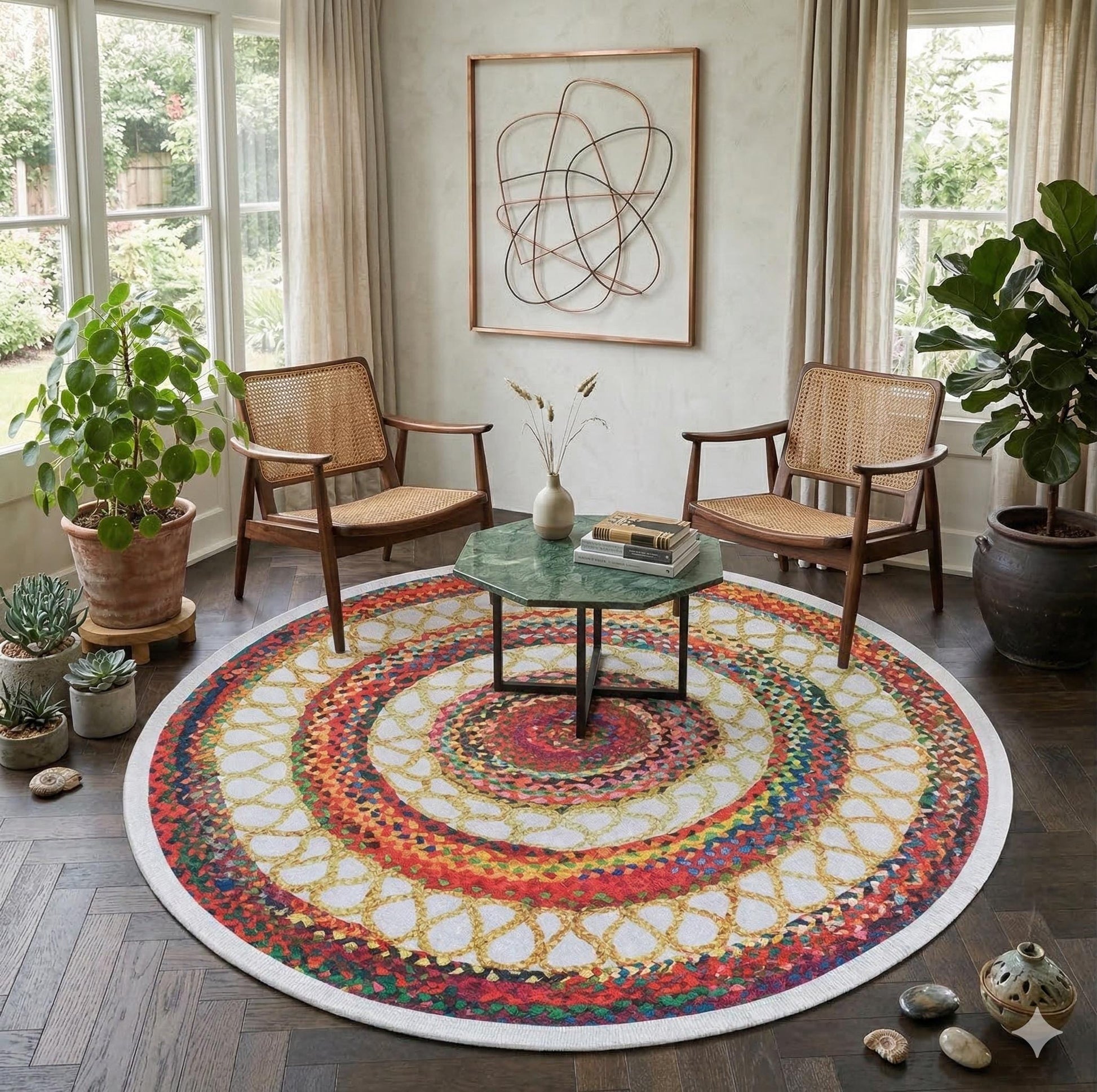 Round Boho Braided Cotton Rug – Washable Multi-Color Area Carpet