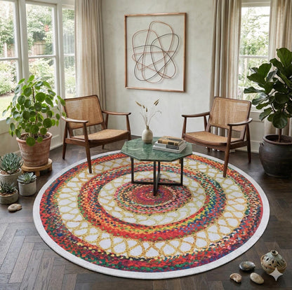 Round Boho Braided Cotton Rug – Washable Multi-Color Area Carpet