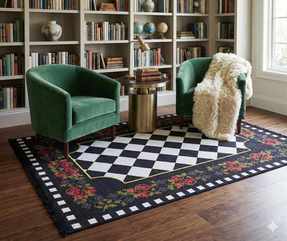Checkered Rose Area Rug – Black White Harlequin Gothic Floral Decor (Machine Washable)