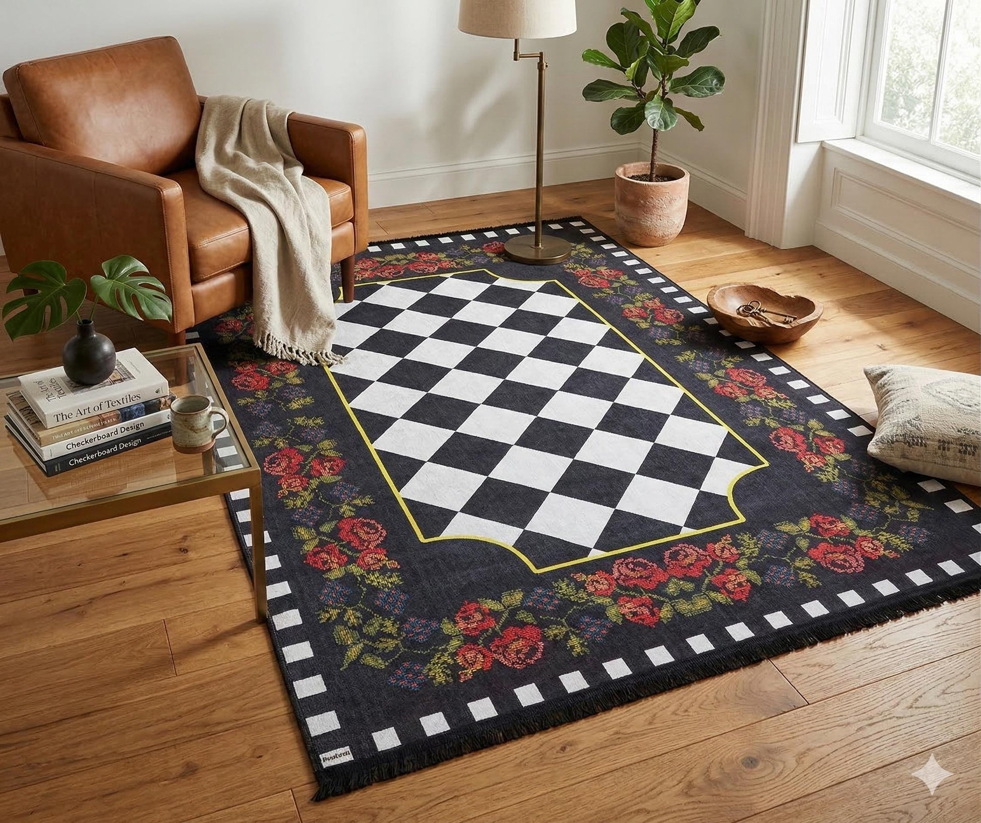 Checkered Rose Area Rug – Black White Harlequin Gothic Floral Decor (Machine Washable)