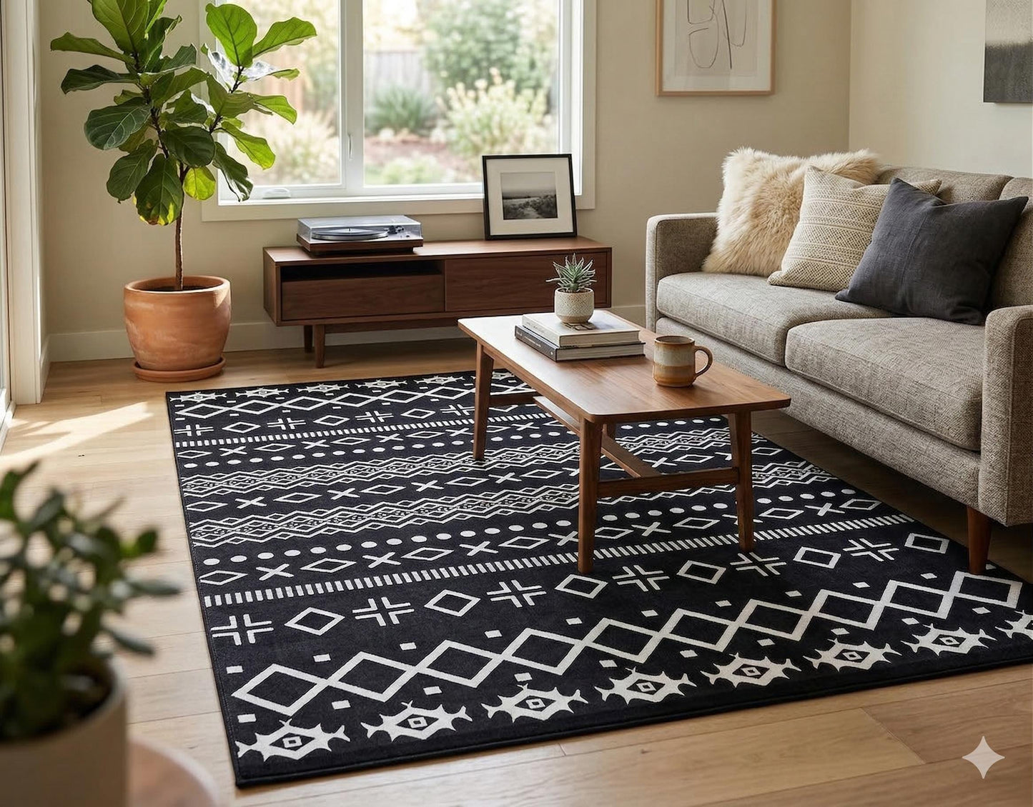 Black White Tribal Geometric Rug, Modern Boho Living Room Carpet, Washable Ethnic Pattern Decor