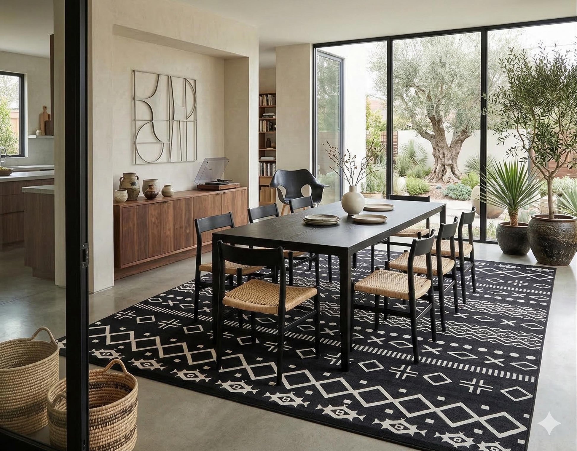Black White Tribal Geometric Rug, Modern Boho Living Room Carpet, Washable Ethnic Pattern Decor