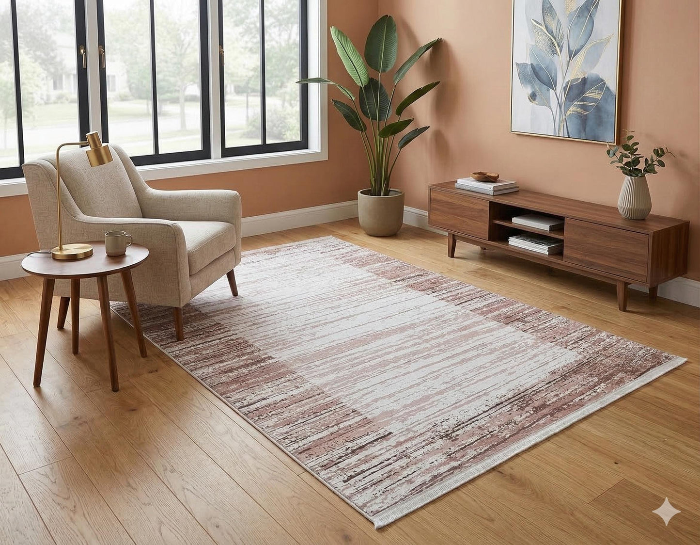 Washable Boho Area Rug – Distressed Rose Gold Abstract Carpet, Non-Slip Thin Living Room Rug