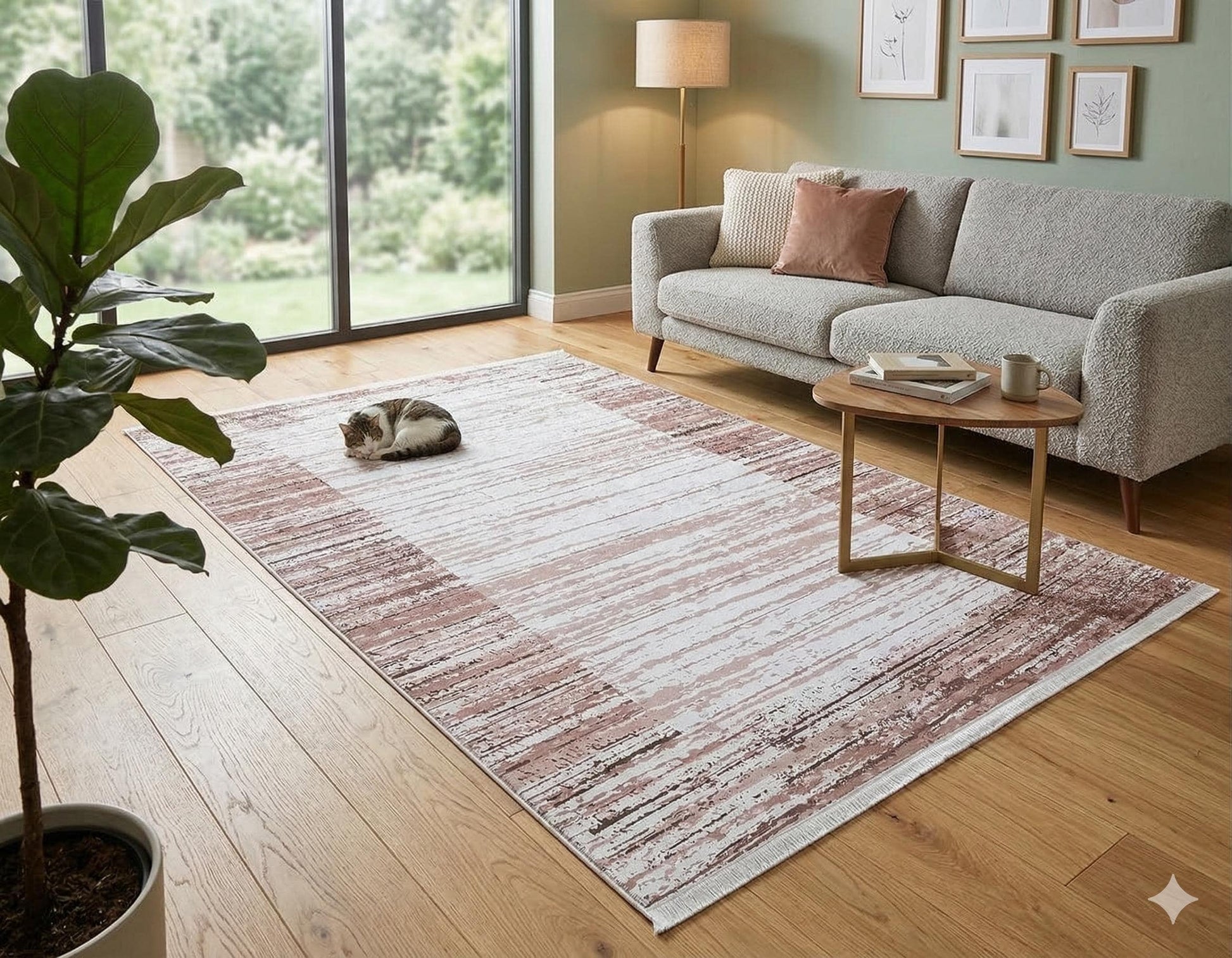 Washable Boho Area Rug – Distressed Rose Gold Abstract Carpet, Non-Slip Thin Living Room Rug