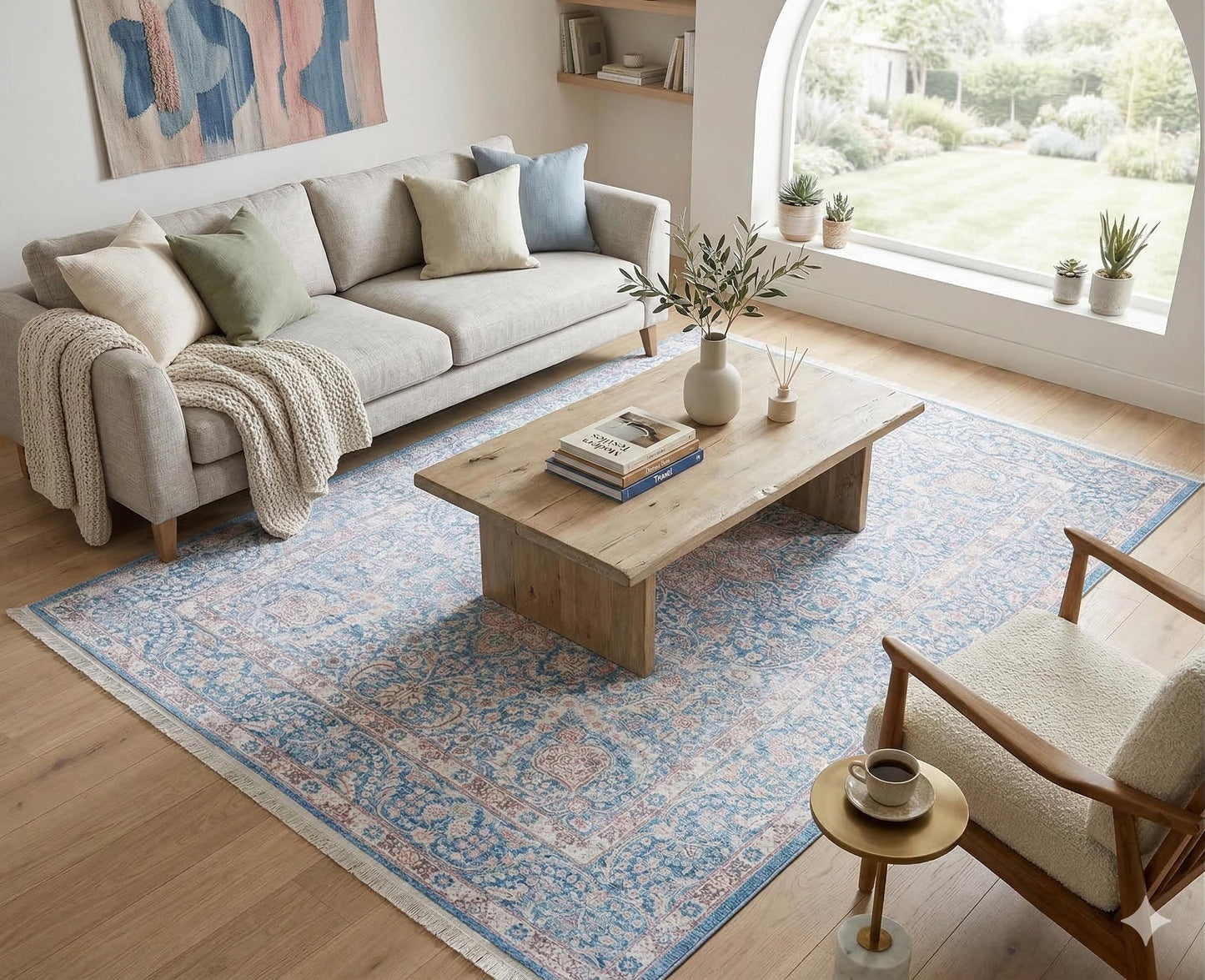 Distressed Light Blue Medallion Rug – Boho Turkish Style, Machine Washable, Non-Slip