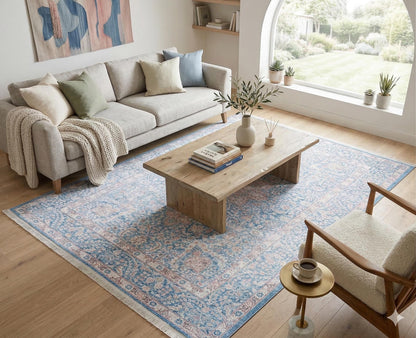 Distressed Light Blue Medallion Rug – Boho Turkish Style, Machine Washable, Non-Slip
