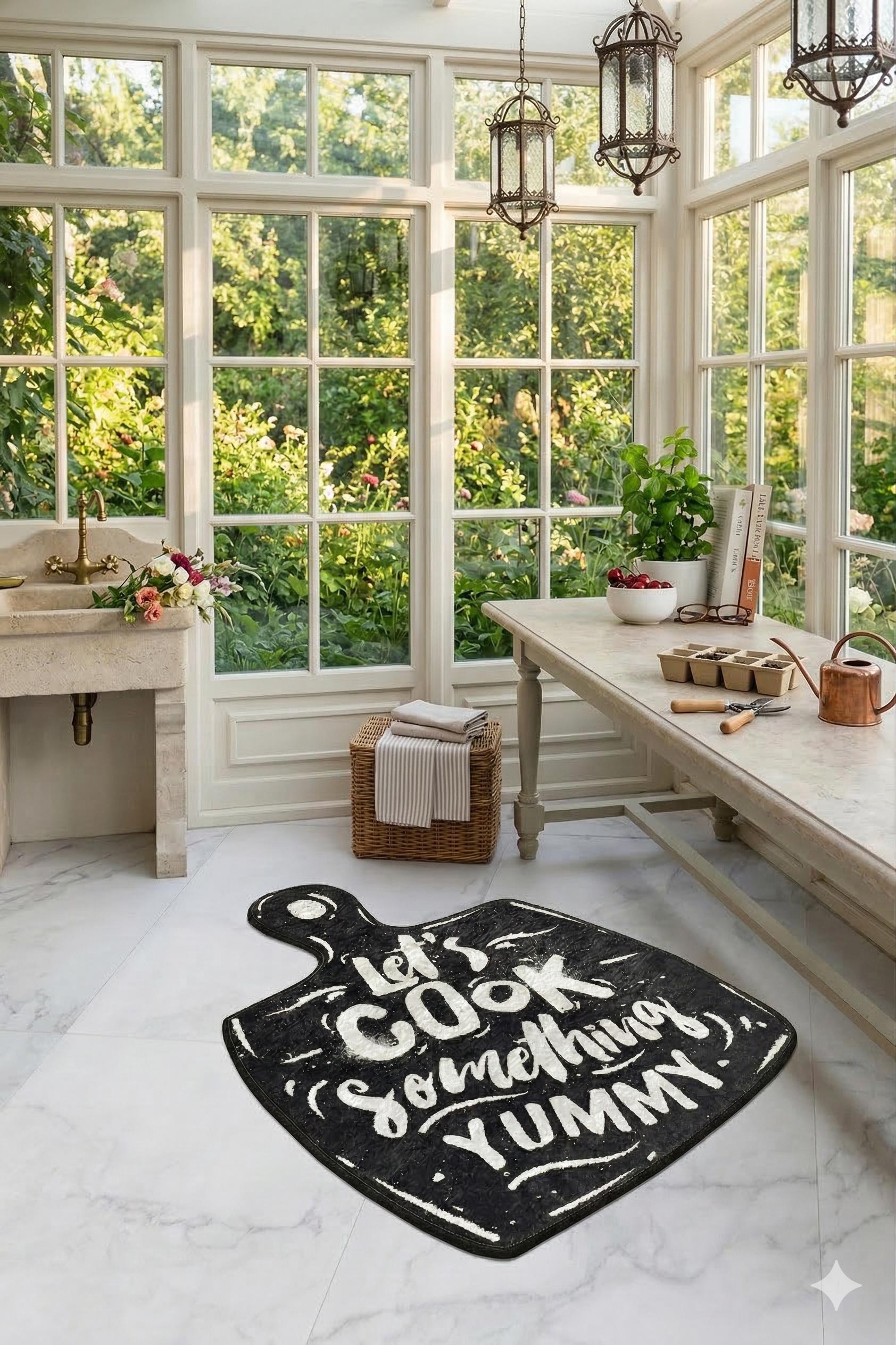 Cutting Board Shaped Kitchen Rug, Chalkboard Style "Let's Cook Yummy" Mat