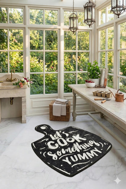 Cutting Board Shaped Kitchen Rug, Chalkboard Style "Let's Cook Yummy" Mat