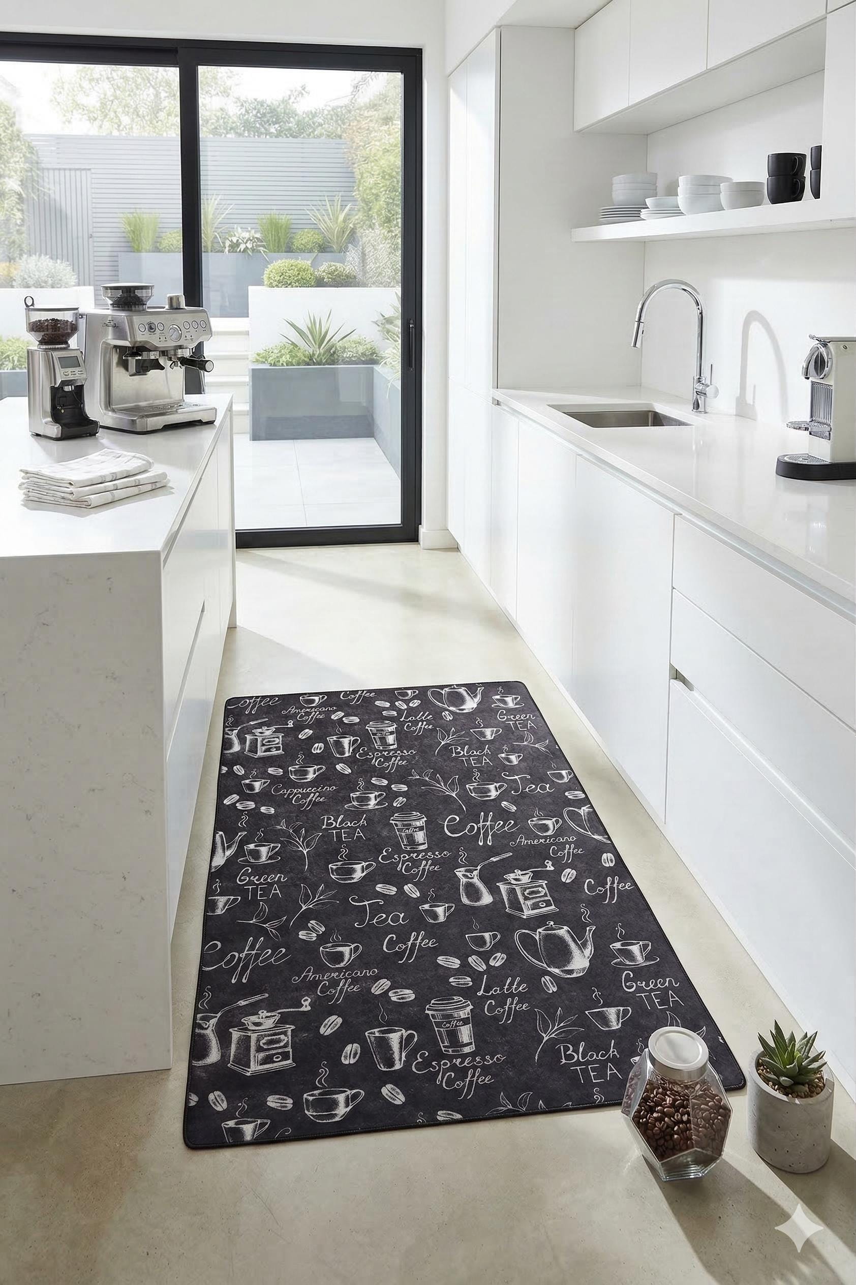 Chalkboard Coffee Kitchen Rug, Non-Slip Runner, Farmhouse Espresso Decor
