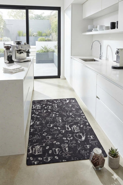 Chalkboard Coffee Kitchen Rug, Non-Slip Runner, Farmhouse Espresso Decor