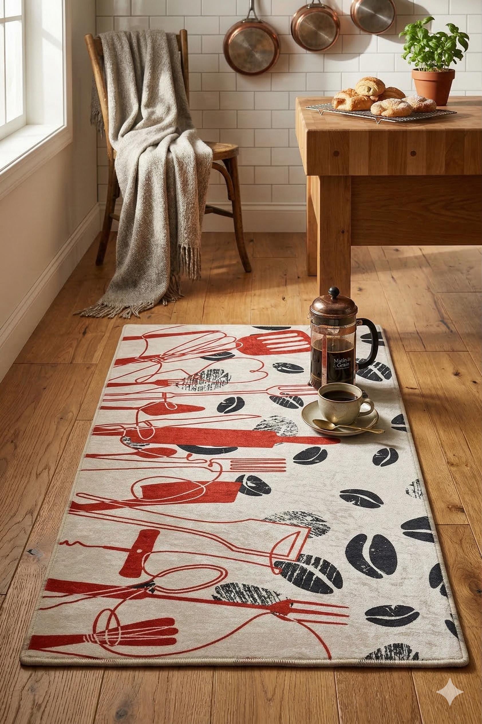Modern Kitchen Rug | Red Black Utensil Coffee Bean Print, Non-Slip Mat