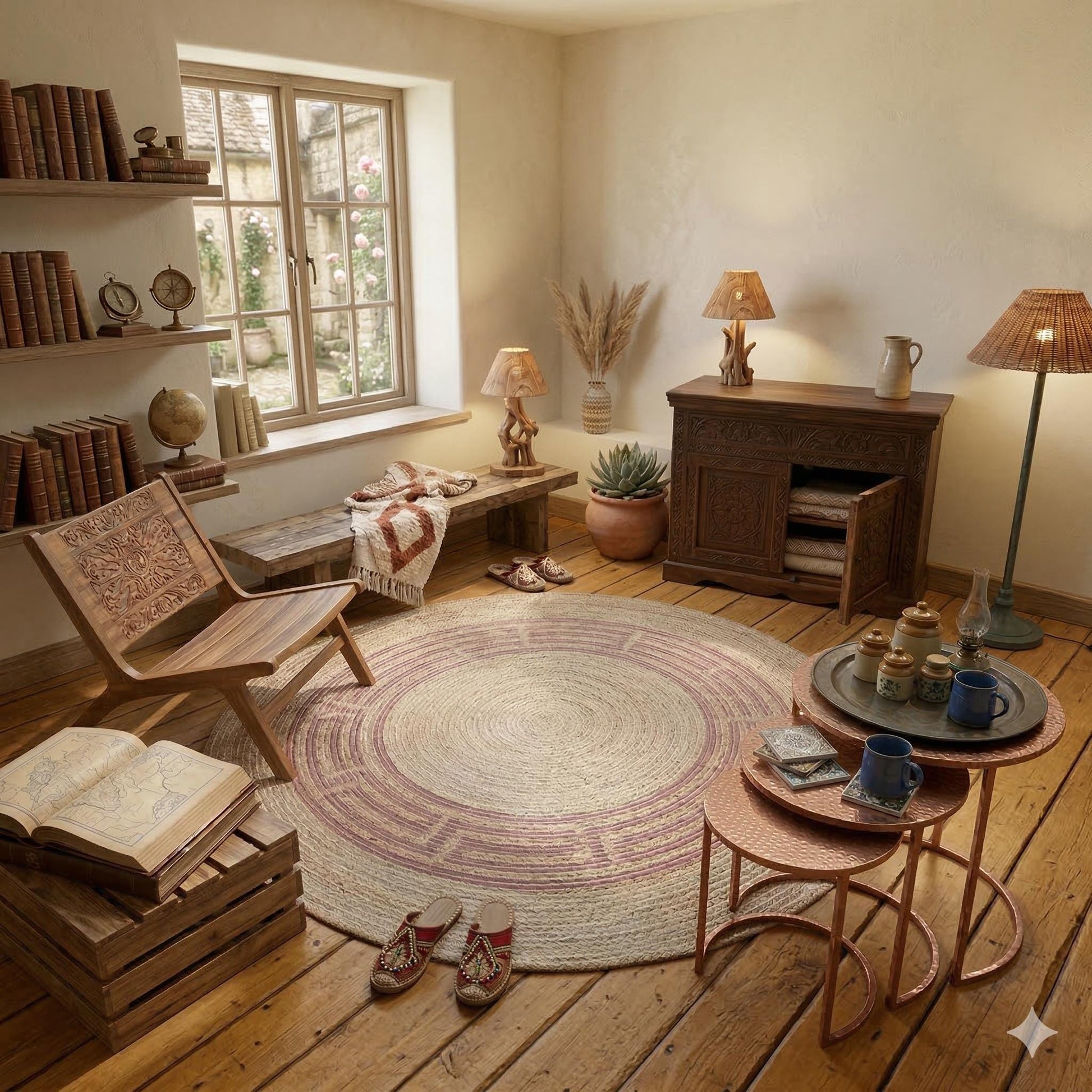Bohemian Jute Circle Rug: Washable Outdoor Carpet