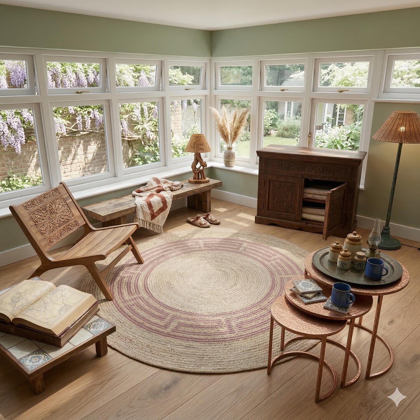 Bohemian Jute Circle Rug: Washable Outdoor Carpet