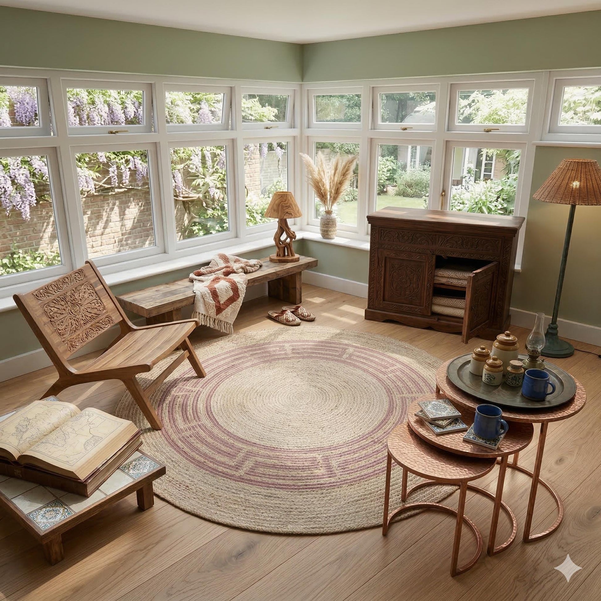Bohemian Jute Circle Rug: Washable Outdoor Carpet