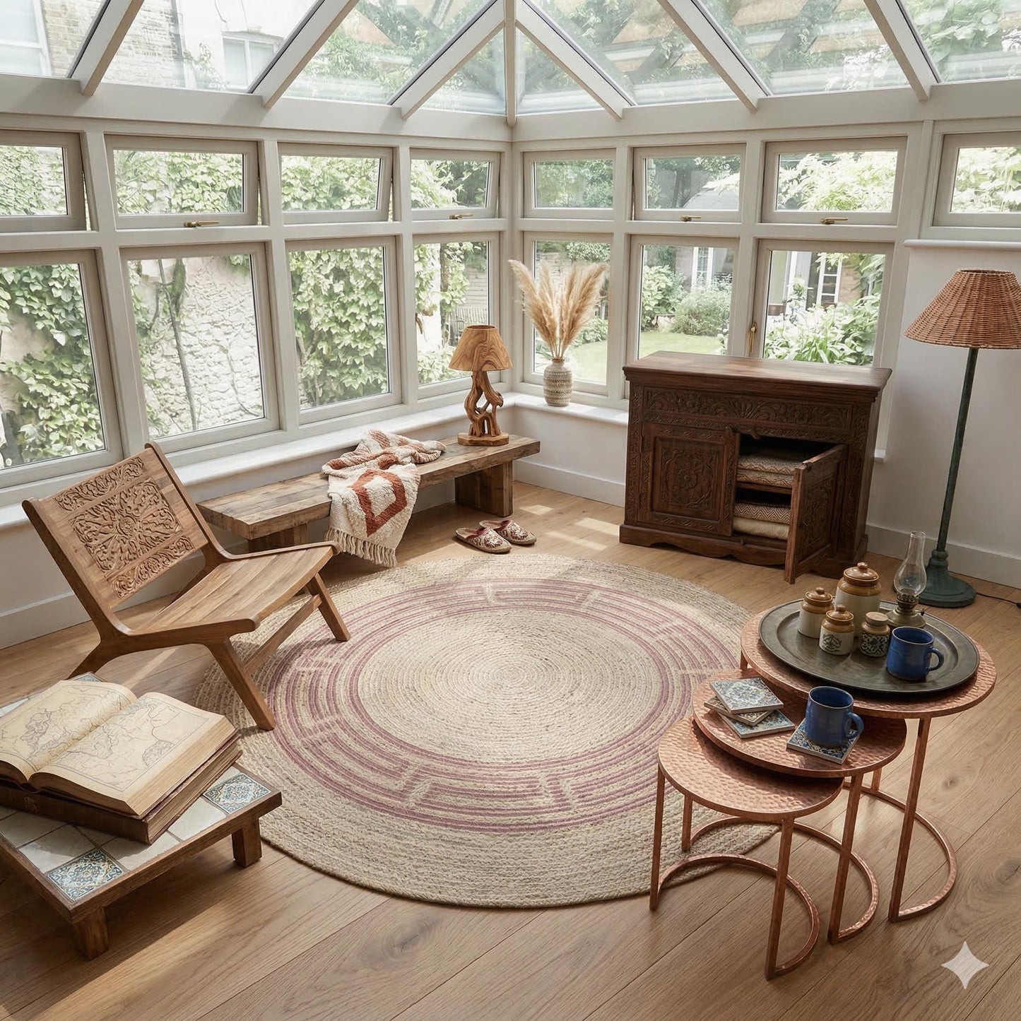 Bohemian Jute Circle Rug: Washable Outdoor Carpet