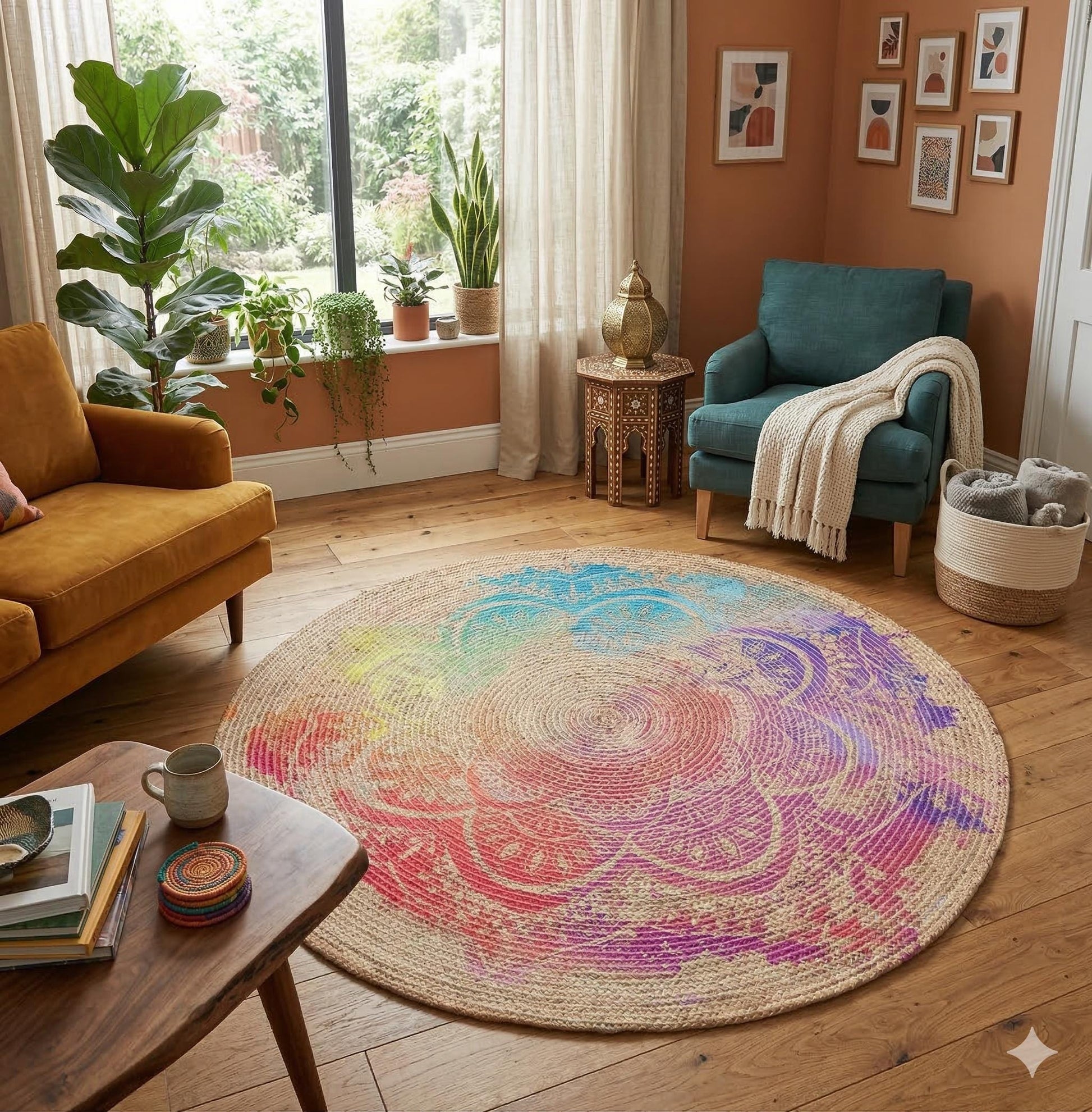 Colorful Jute Rug: Colorful Mandala, Indoor/Outdoor Carpet