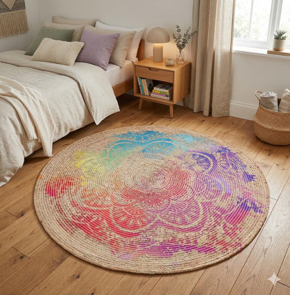 Colorful Jute Rug: Colorful Mandala, Indoor/Outdoor Carpet