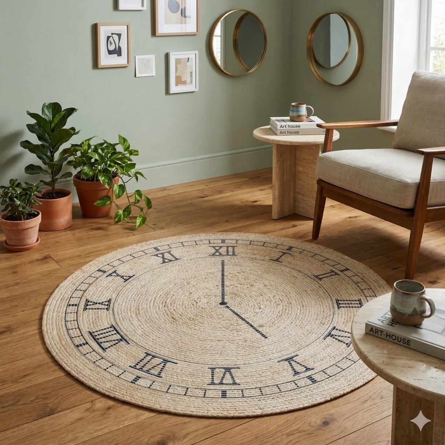 Jute Clock Rug: Bohemian Washable Outdoor/Indoor Carpet