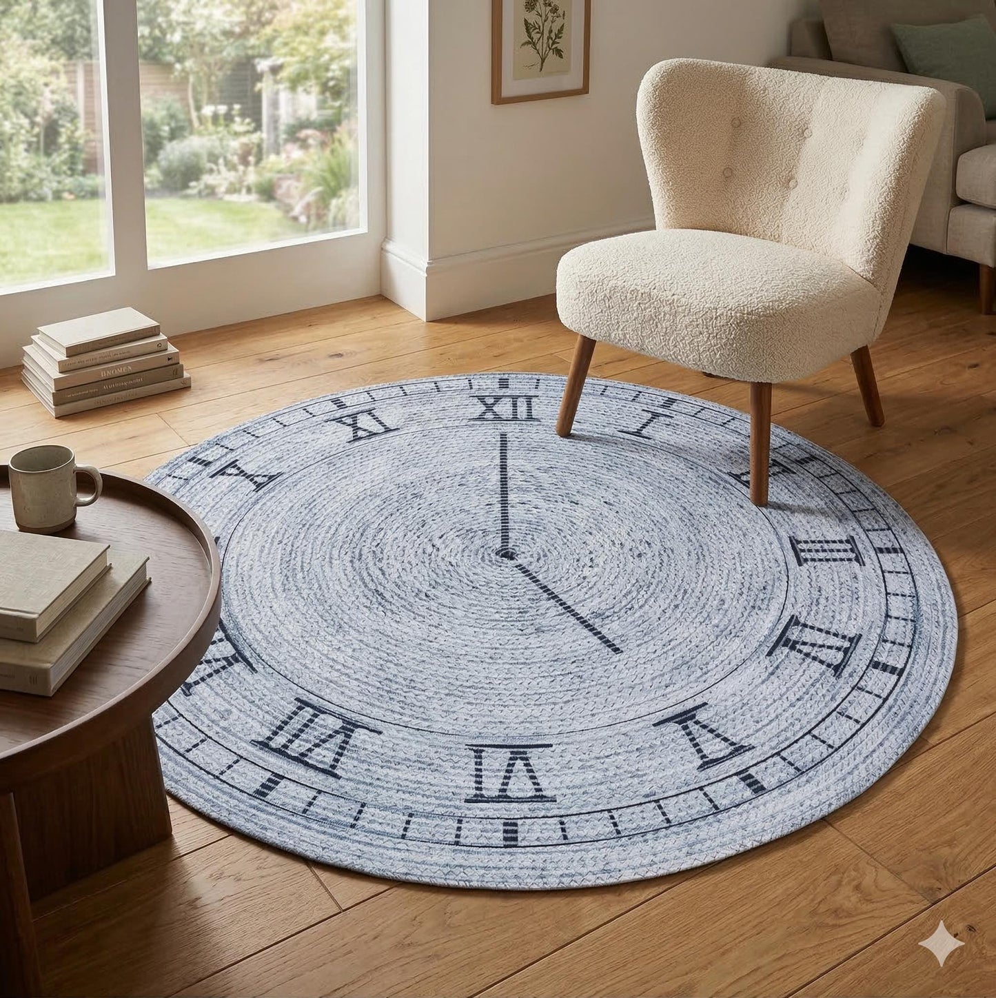 Washable Gray Clock Jute Rug: Bohemian Outdoor Circle Carpet