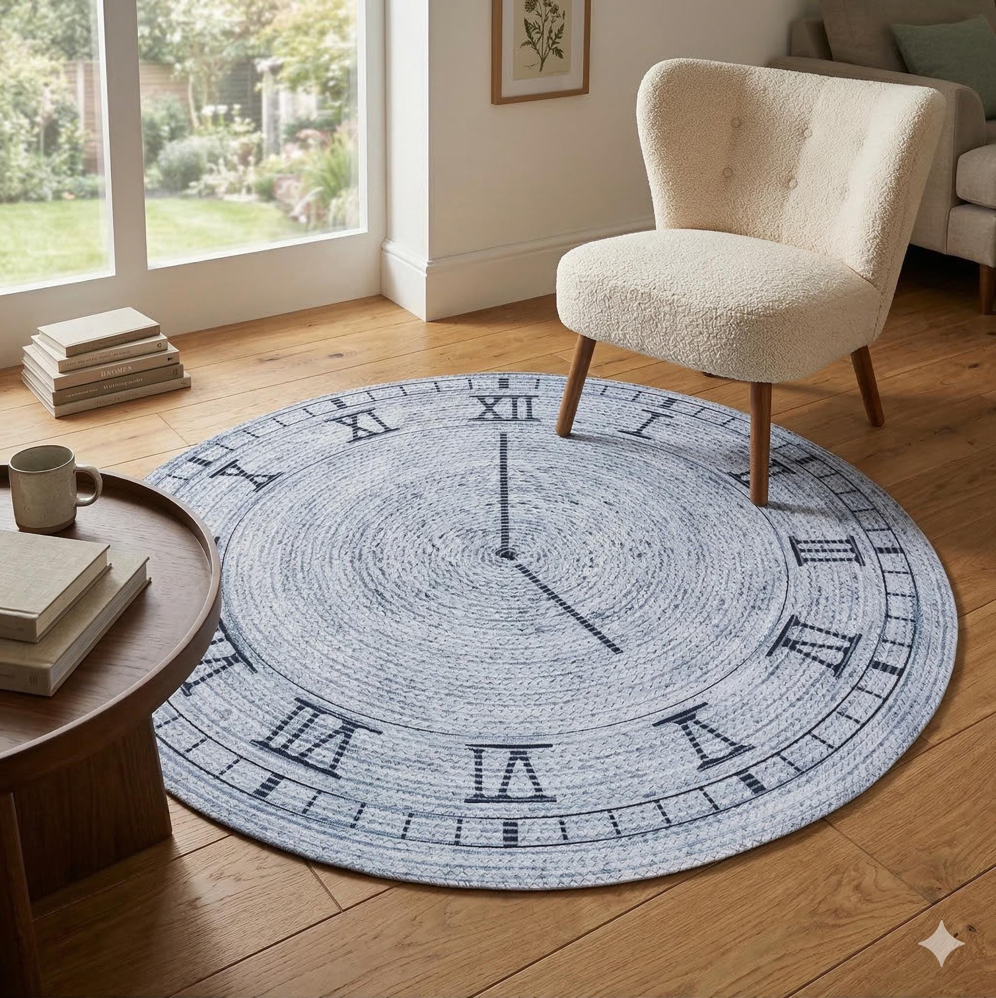 Washable Gray Clock Jute Rug: Bohemian Outdoor Circle Carpet