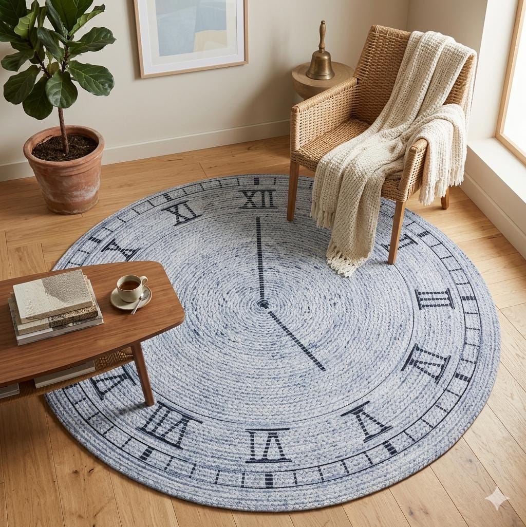 Washable Gray Clock Jute Rug: Bohemian Outdoor Circle Carpet