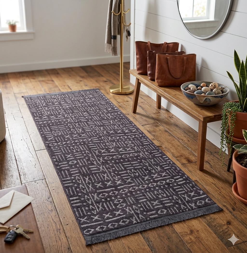 Charcoal Boho Runner Rug – Tribal Geometric Pattern, Fringe, Non-Slip (Machine Washable)