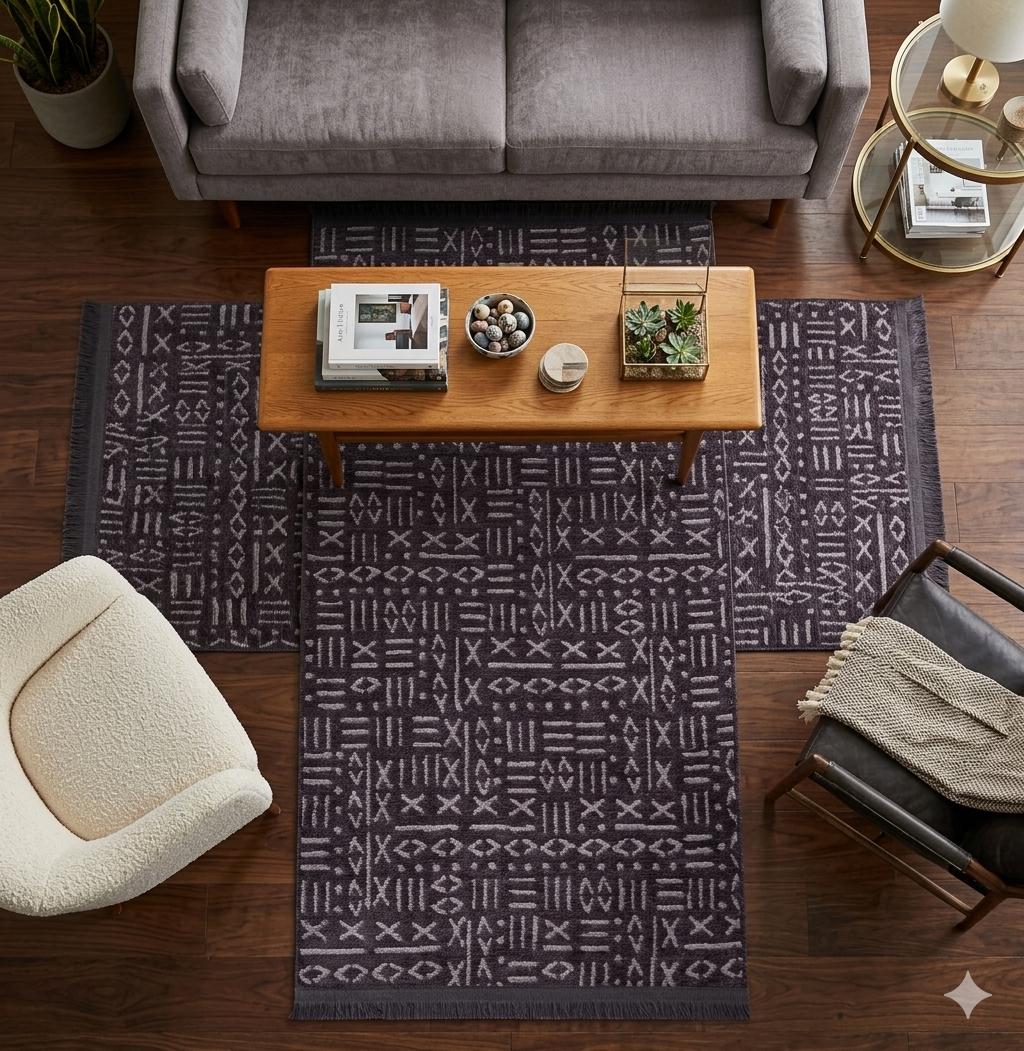 Charcoal Boho Runner Rug – Tribal Geometric Pattern, Fringe, Non-Slip (Machine Washable)