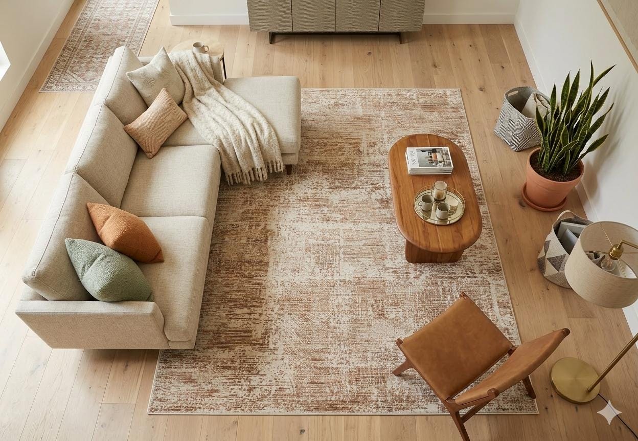 Distressed Abstract Area Rug – Terracotta Cream Faded Vintage Style Carpet
