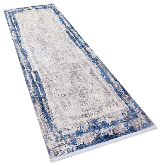 3x10 ft, Blue Turkish Bamboo Runner Rug: Bamboo Silk with Fringes