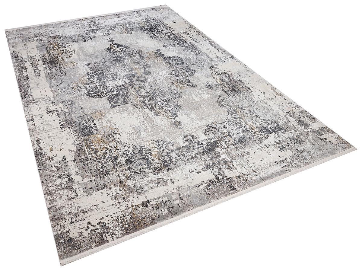4x6 ft, Modern Distressed Vintage Medallion Rug – Faded Charcoal & Cream Bamboo Silk Style