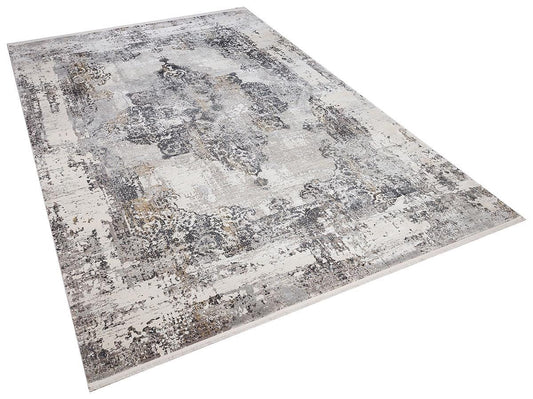 4x6 ft, Modern Distressed Vintage Medallion Rug – Faded Charcoal & Cream Bamboo Silk Style