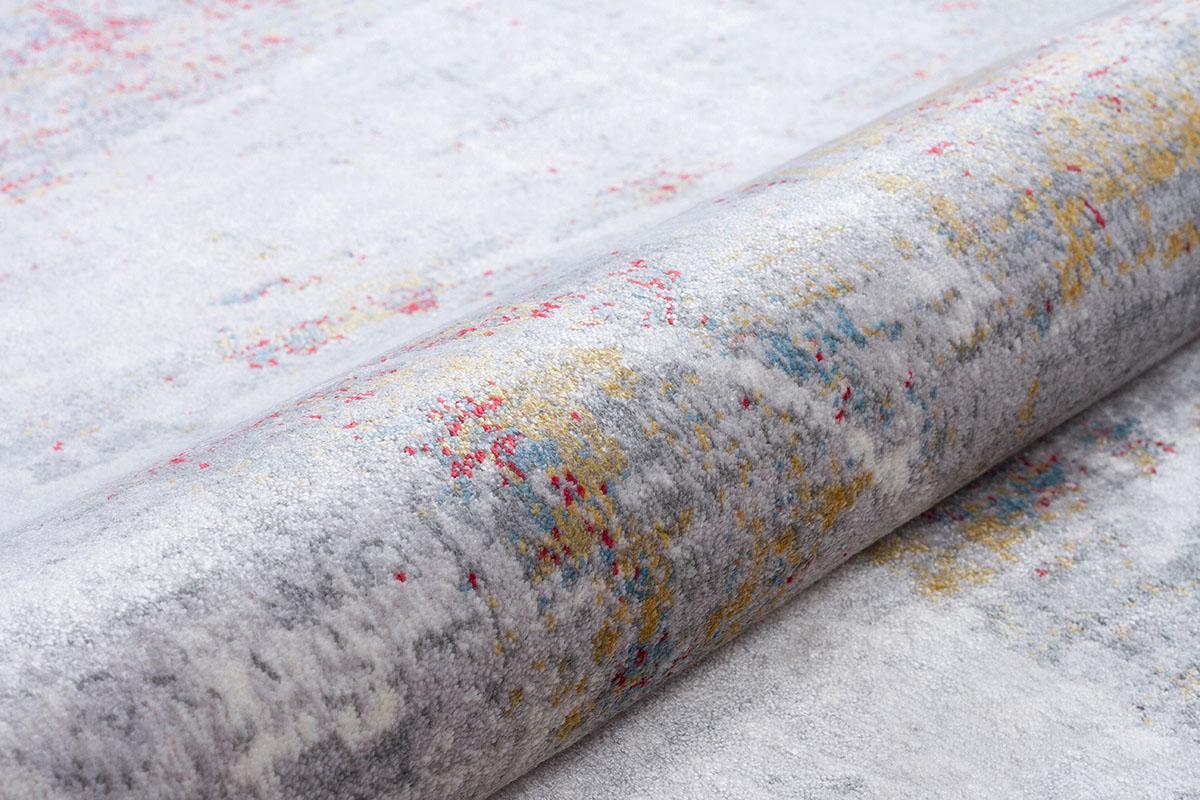4x6 ft, Modern Abstract Geometric Bamboo Silk Rug – Prismatic Grey, Blue, and Crimson