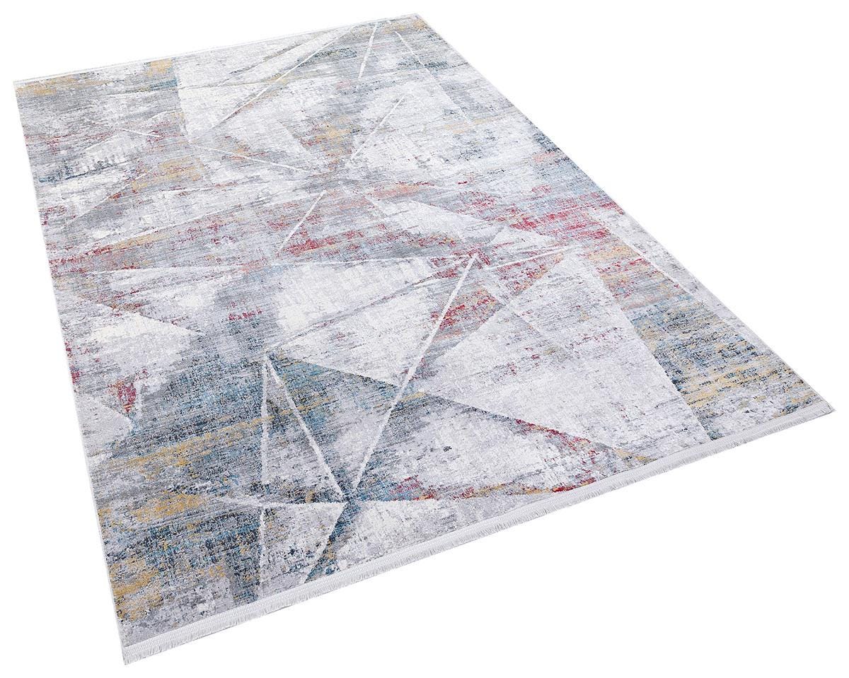 4x6 ft, Modern Abstract Geometric Bamboo Silk Rug – Prismatic Grey, Blue, and Crimson