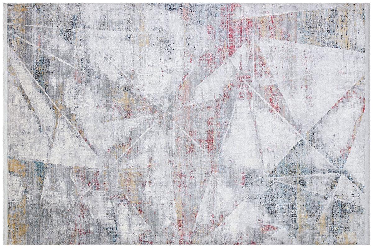 4x6 ft, Modern Abstract Geometric Bamboo Silk Rug – Prismatic Grey, Blue, and Crimson