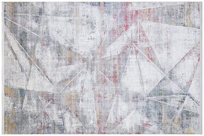4x6 ft, Modern Abstract Geometric Bamboo Silk Rug – Prismatic Grey, Blue, and Crimson