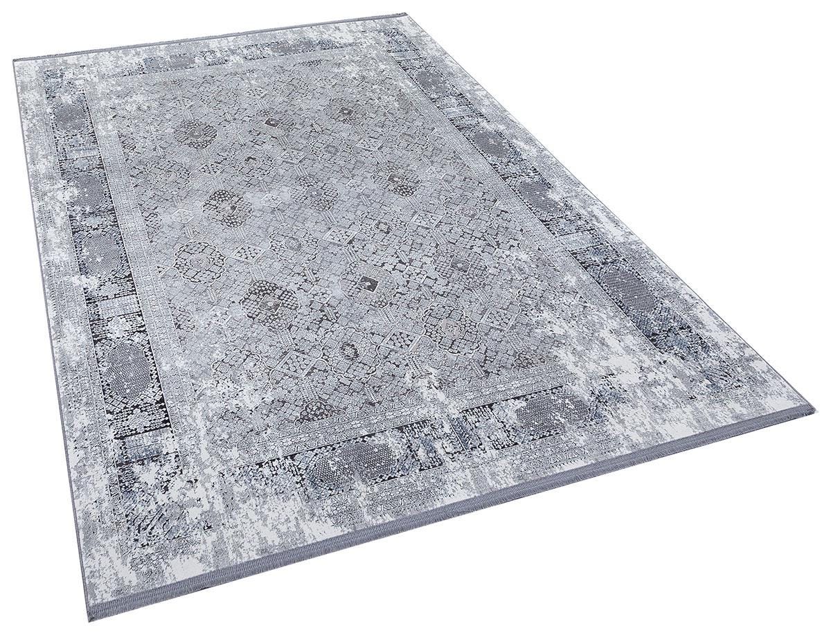 5x7 ft, Vintage-Inspired Distressed Bamboo Silk Rug – Faded Medallion Pattern in Slate and Silver