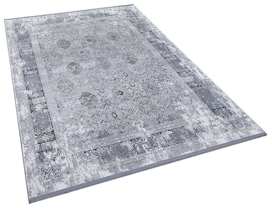 5x7 ft, Vintage-Inspired Distressed Bamboo Silk Rug – Faded Medallion Pattern in Slate and Silver