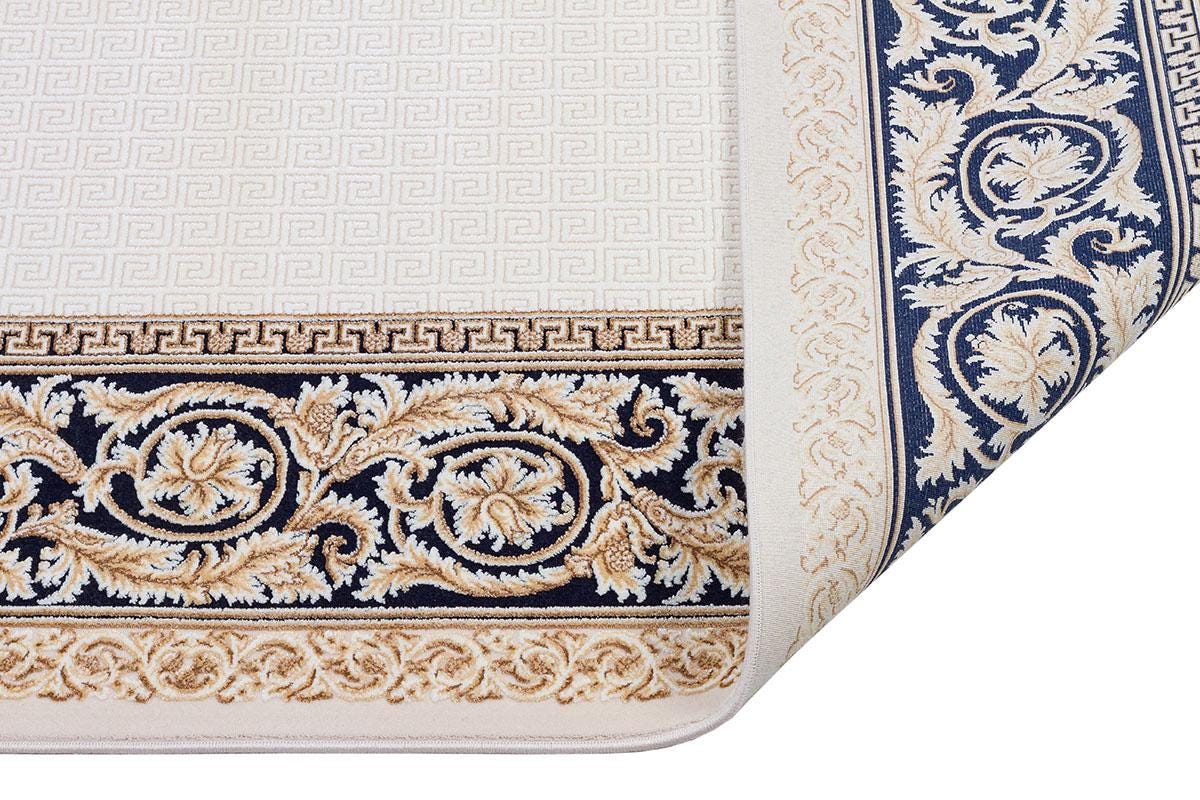 5x7 ft, Cream Navy Blue Bamboo Silk Area Rug, Classical Greek Key Floral Border