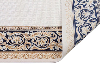 5x7 ft, Cream Navy Blue Bamboo Silk Area Rug, Classical Greek Key Floral Border