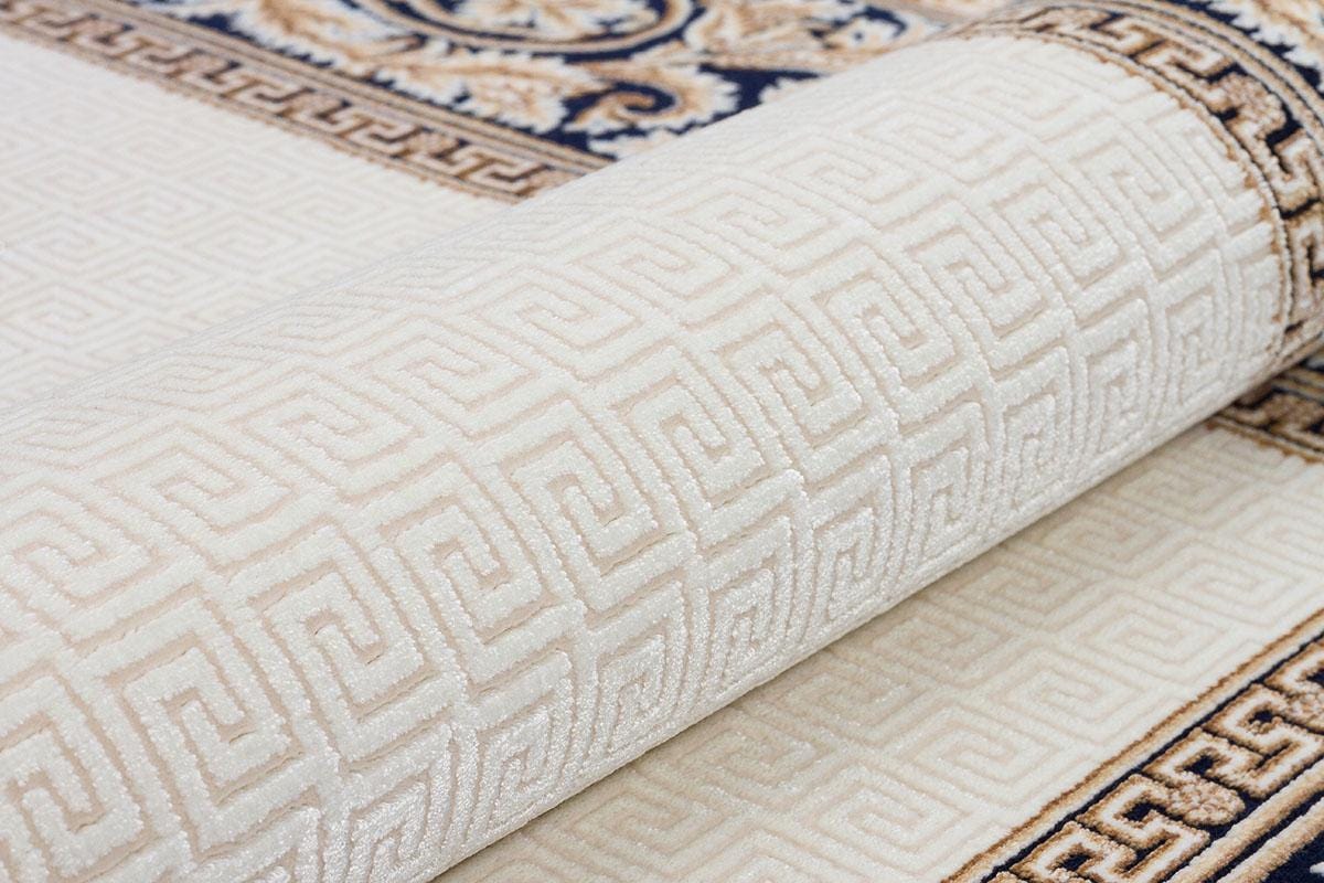 5x7 ft, Cream Navy Blue Bamboo Silk Area Rug, Classical Greek Key Floral Border