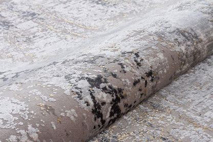 7x10 ft, Modern Abstract Bamboo Silk Rug - Grey & Gold Distressed Style