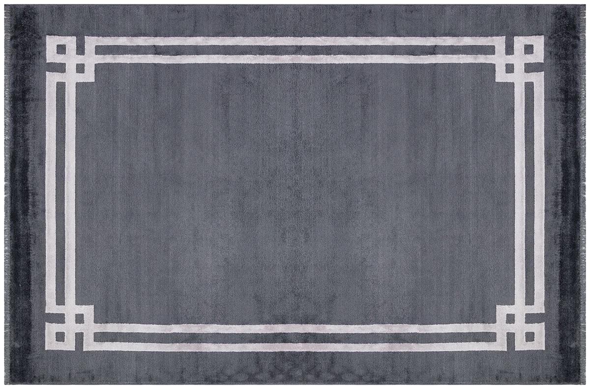 7x10ft, Modern Charcoal Gray Bamboo Silk Area Rug with White Greek Key Geometric Border